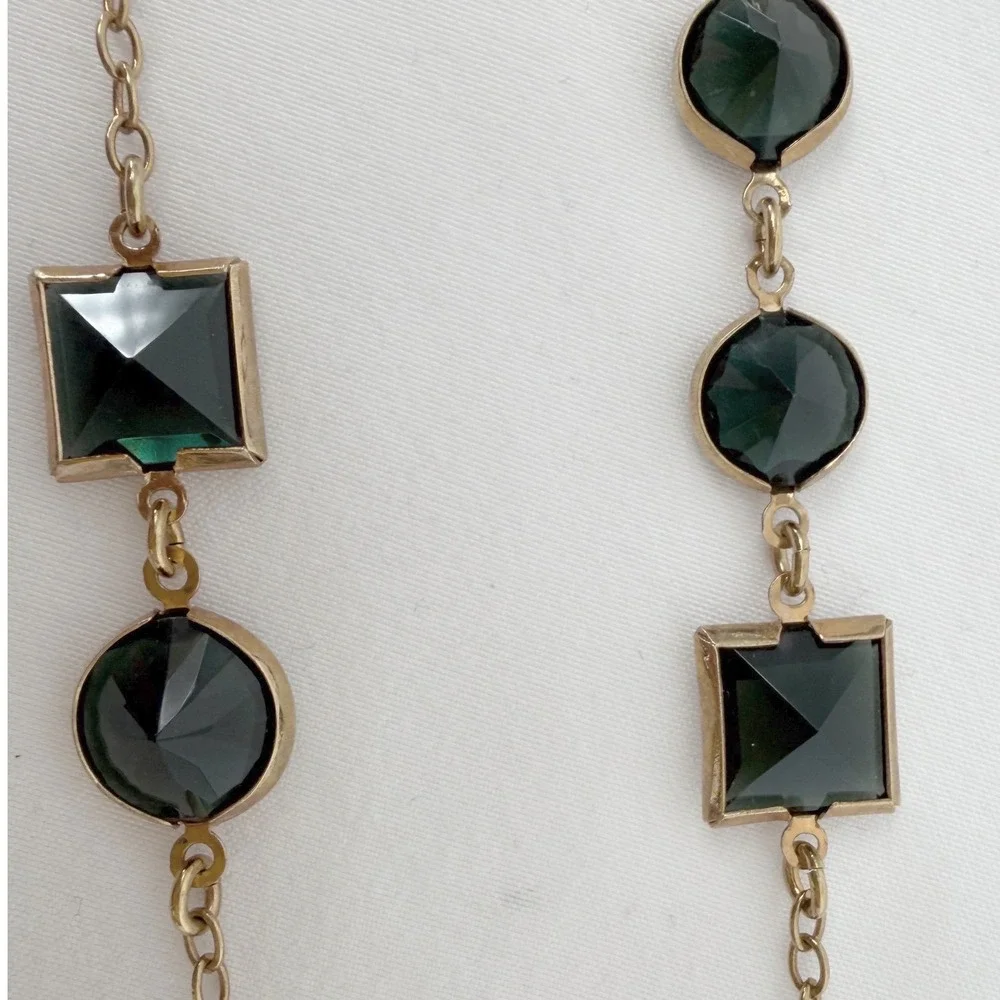 J.Crew Long Necklace‎ Gold Tone Emerald Green Geometric Resin Stones 103-37